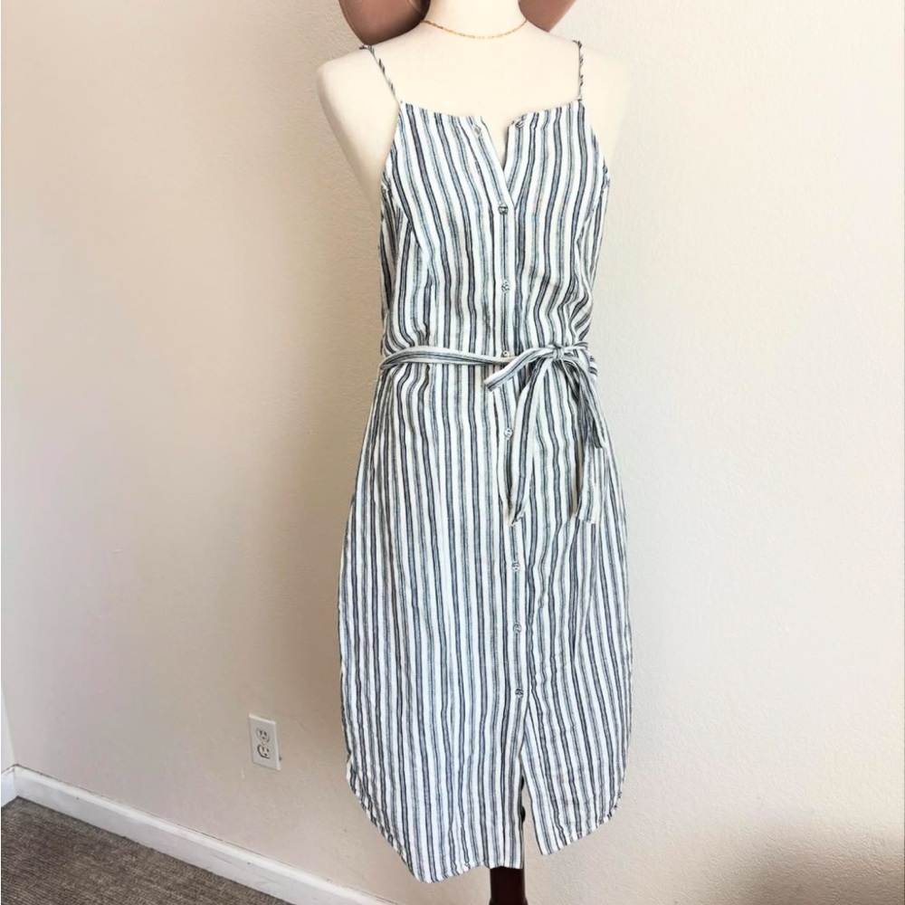 Privacy Please Blue and White Buttoned Linen/Cotton Midi Sundress